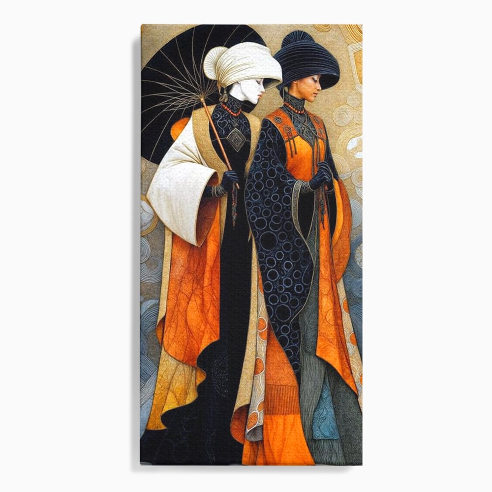Tablou canvas cu tablou canvas cu doua femei asiatice stilizate, fara rama, pe sasiu de lemn